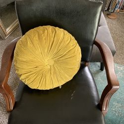 Black Leather armchair with solid oak arms