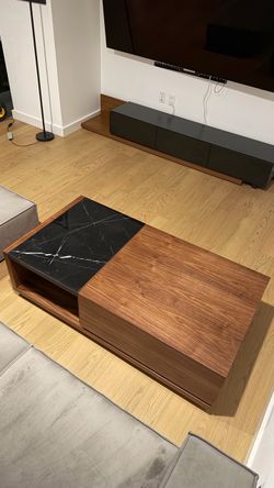 Modern Walnut & Black Marble Coffee Table | Hidden Storage | Brand New (Sealed)