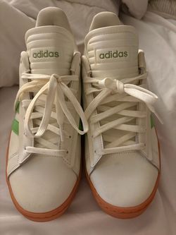 Adidas White Sneakers with Green Stripe Size 11