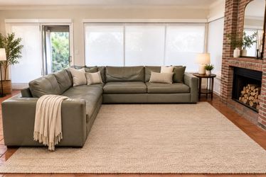 Large Olive-Gray Leather Sectional Sofa