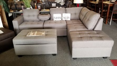 Brand new 102" x 81" grey woven linen storage sectional + ottoman