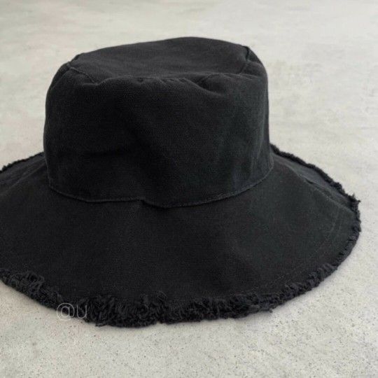 Fringe Flare Hat, Black, Women's, Wide Brim, Ecru Hat