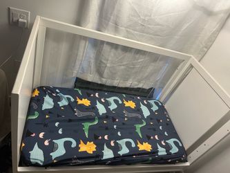 White Baby Crib with Dinosaur Print Mattress
