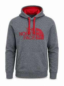 The North Face Men’s Medium Gray Red Logo Pullover Hoodie Kangaroo Pocket