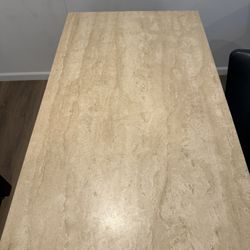 Crate & Barrel Travertine + Steel Table with  Two Crate & Barrel Chairs