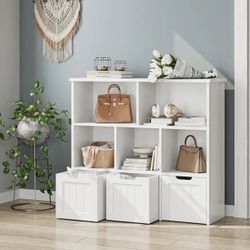 A57 $100  Toy Storage Organizer with 3 Movable Drawers, 5 Cube Kids Bookcase for Playroom, Storage Cabinet for Living Room, White Finish 