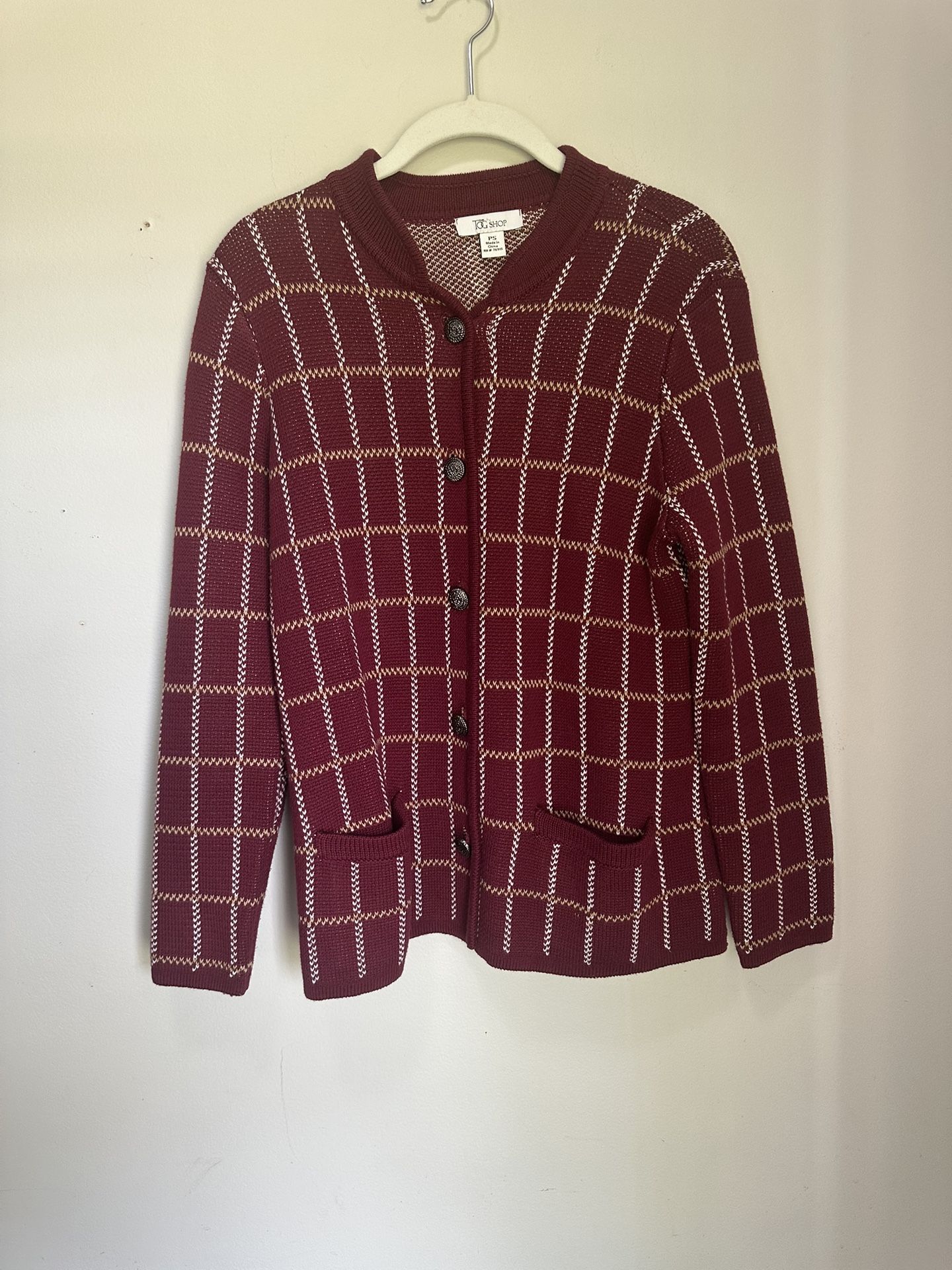 Ladies "The Tog Club" Burgundy Checkered Cardigan