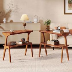 Set of 2 Solid Wood End Table, 2-Tier Side Table with Storage Shelf, Wooden Modern Accent Slim Bedside Table for Sofa, Living Room, Bedroom, Small Spa