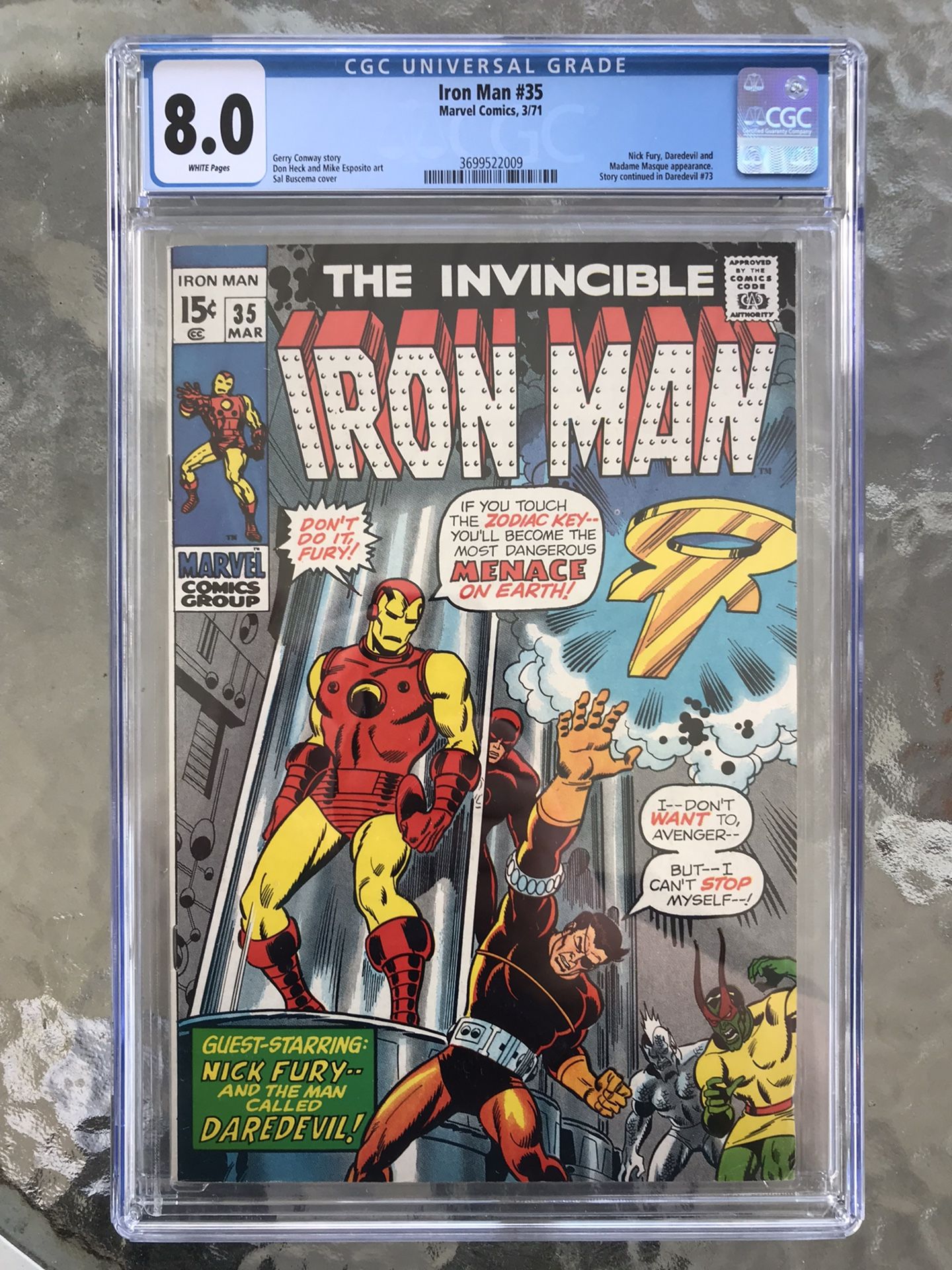 Iron Man #35 (1971) CGC 8.0 — White Pages; Daredevil Crossover; Nick Fury
