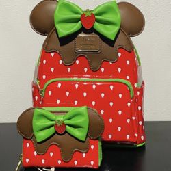 Loungefly Disney Minnie Mouse Chocolate Dipped Strawberry Ear Backpack & Wallet