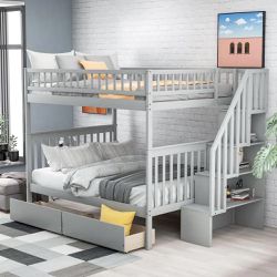Gray full Over Full Bunk Bed With Two Drawers And Storage Shelves