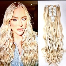 7 pc Hair Extensions Clip White Blonde Synthetic Hair 