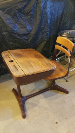 Vintage American Seating Co. Metal Wood Inkwell School Desk