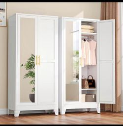 Metal Armoire Wardrobe Closet, 71" Clothing Storage Cabinet with Mirror(F-YSXR0037W)