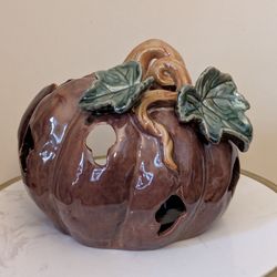 Ceramic Pumpkin Gourd Tea Light Holder - Glossy Brown Earthy Fall Harvest Halloween Luminaria