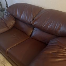 Leather Sofa, Loveseat and Chair, Glass And Metal Coffee Table, 2 End Tables And Console Table