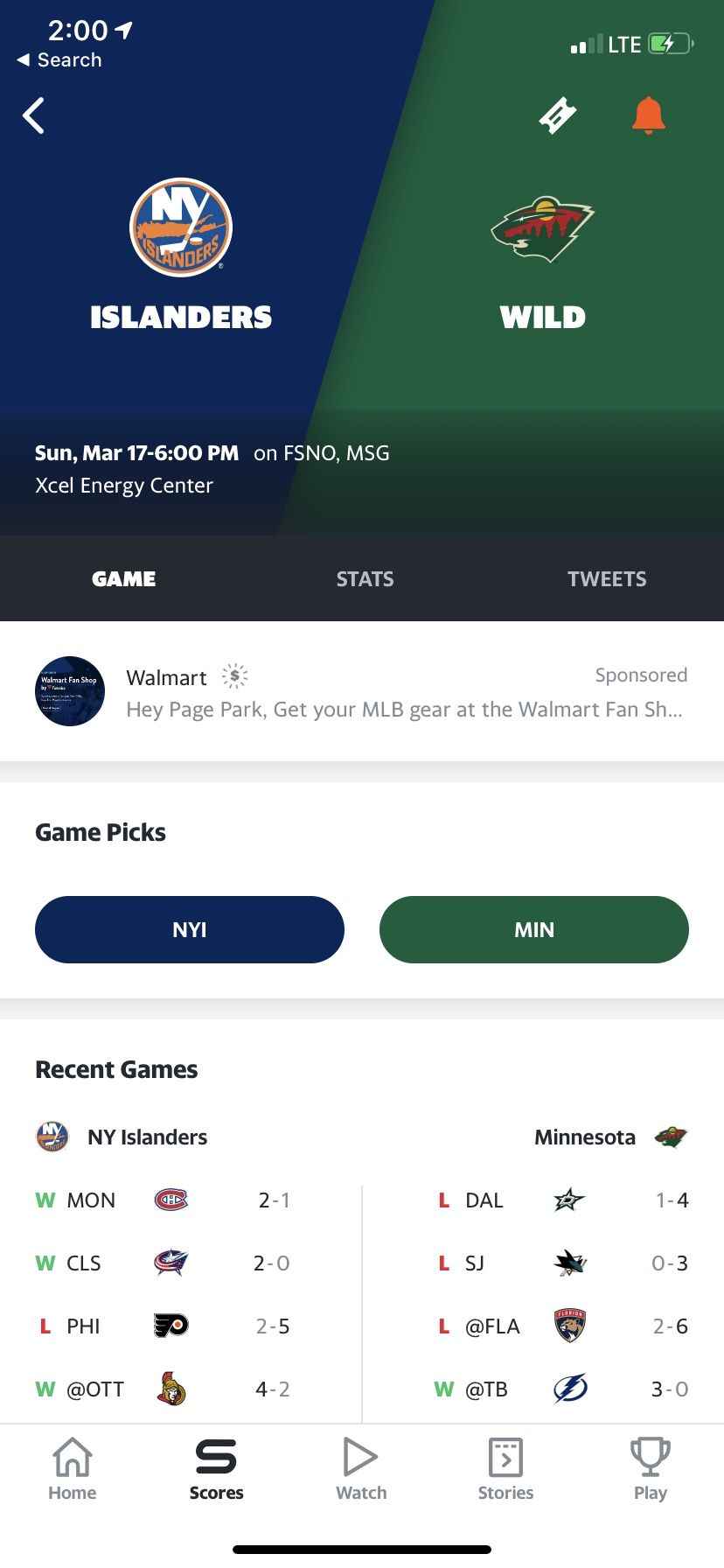 Wild Tickets versus Islanders Sunday March 17th Great Seats Section 111 Row 10 Seat 1 and 2