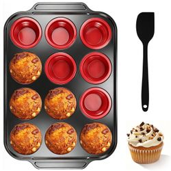 Pavaba 12-Cup Collapsible Silicone Muffin Pan With Metal Frame & Spatula - Space Saving Foldable Cupcake Tray - Easy Release Baking Mold For Egg Bites