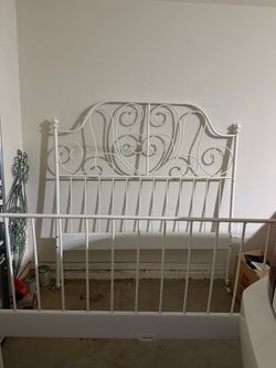 White Metal Bed Frame with Scrollwork Headboard
