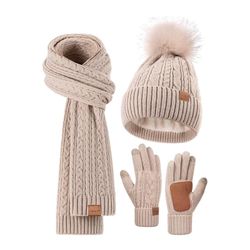 Brand New Winter Beanie Hat Scarf Gloves Set for Women, Pom Pom Beanie Fleece Lined Knit Neck Warmer Touchscreen Gloves 3 in 1 Gift Set