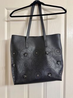 NWOT Black Laser Cut Floral Tote Bag | Faux Leather Shoulder Bag + Crossbody Strap