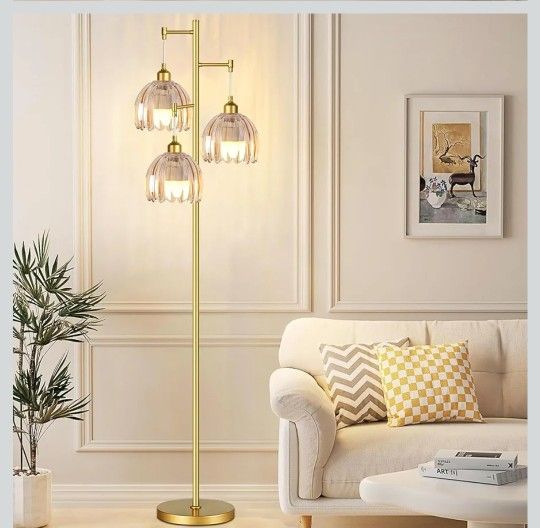 Glass Gold Floor Lamp for Living Room,Bedroom,Mid Century Modern Standing Lamp Brass Tree 3 Light Tall Floor Lamps Vintage Retro Floor Lights Amber 