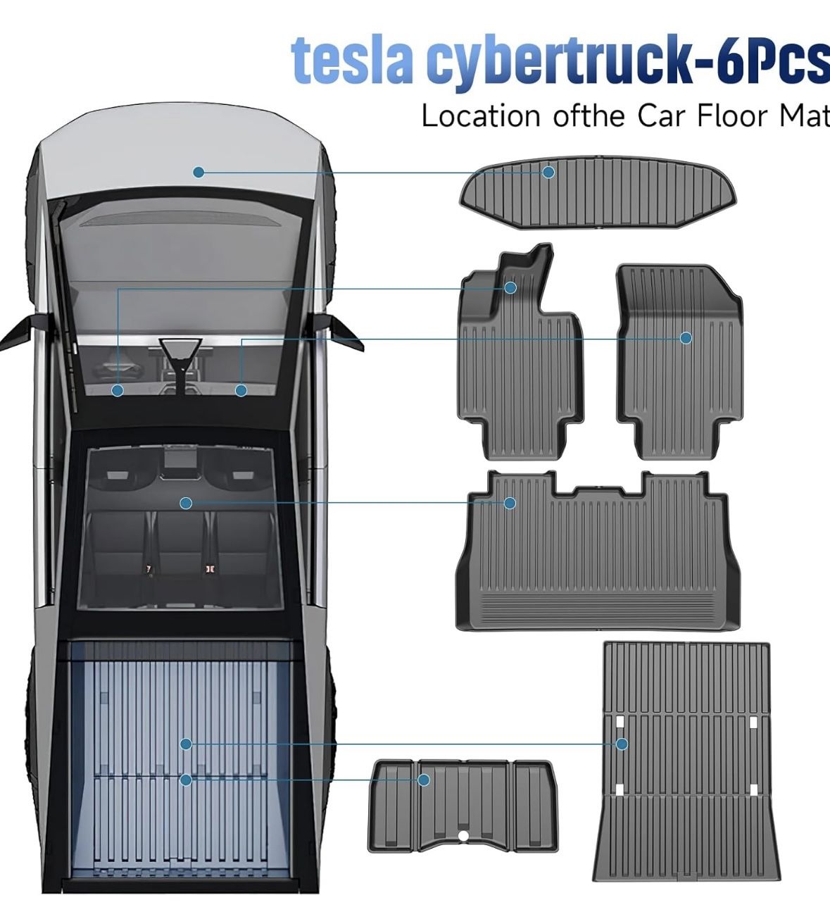 Floor Mats for Tesla Cybertruck- 2023 2024 2025 Custom Fit All Weather TPE Cargo Liner Cargo Trunk Accessories(Tesla Cybertruck Full Floor Mat Kit Set