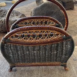 Vintage PALECEK Bamboo and Wicker Magazine Rack MCM