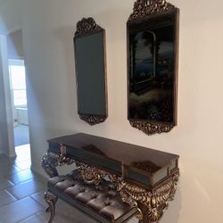 Glass Table With Bench And Two Mirrors 