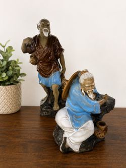 Vintage Chinese Shiwan-Style Porcelain Mudman Figurines – Set of 2 Asian Scholar & Fisherman