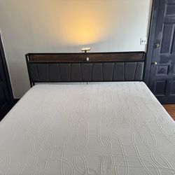 Wayfair Sleep 12" Plush Memory Foam Mattress California King & California King Size Bed Frame with Vintage Brown Wood and Gray Upholstered Headboard, 