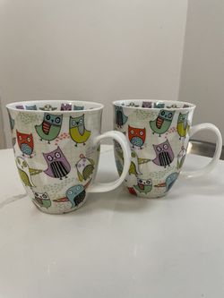 Owl Mugs - Set Of Two - Large - Cute Collector Print - Coffee Tea - Cottagecore - Kitschy
