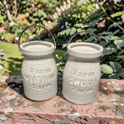 Pair of modern ceramic farmhouse-style milk jug planters/candle Holder