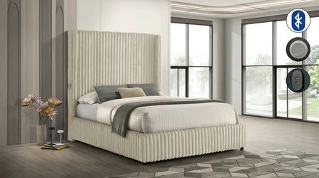 NEW 6FT Tall Cream Corduroy Queen Size Bed Frame Platform  USB Port Bluetooth LED lights