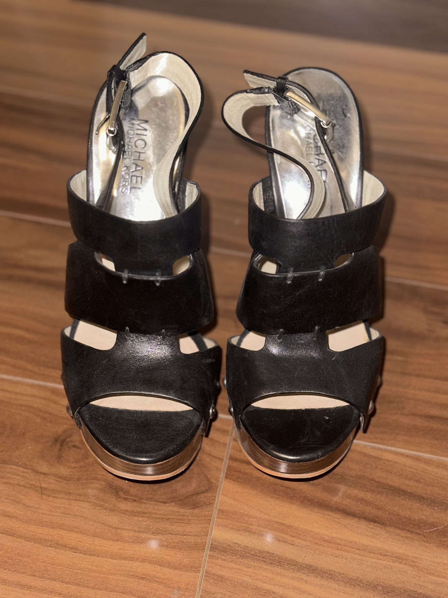 Michael Kors Black Platform High Heels Leather Shoes Sandals 