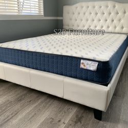 Queen White Crystal Button Bed With Ortho Mattress Included!!