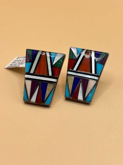 Southwestern Sterling Silver Multi-Color Micro-Inlay Geometric Post Earrings