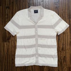 Abercrombie & Fitch Knit Button-Up Sweater Polo Shirt Beige Stripes Sz Large