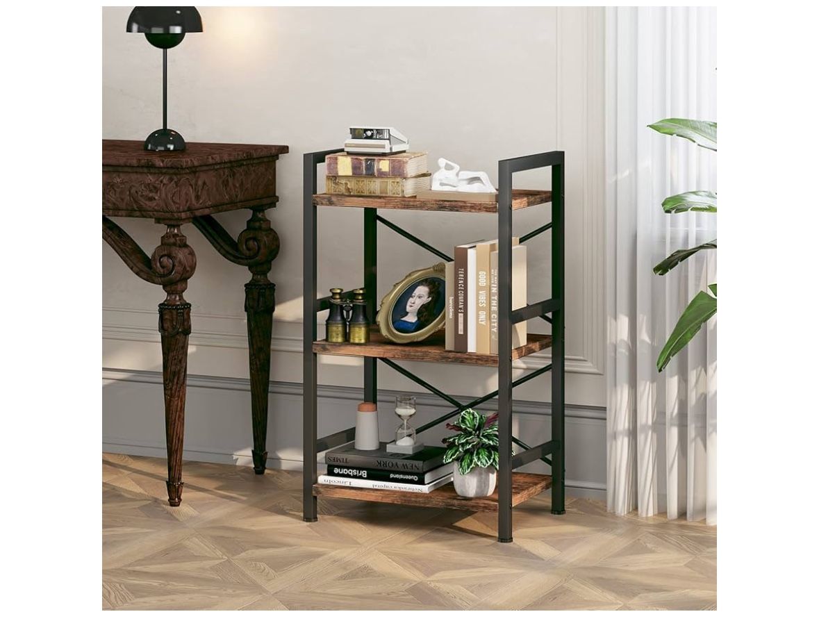 , 3 Tier Industrial Bookcase, Metal Small Bookcase, Rustic Etagere Book Shelf Storage Organizer for Living Room, Bedroom, and Home