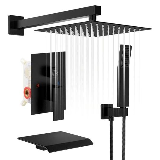 USHOWER matte Black Shower System 10in Rainfall Head Handshower And Tub Spout Rough In Valve Included New 