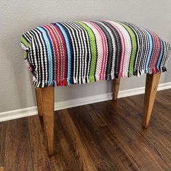 Multicolor Fabric Upholstered Ottoman Blanket Striped Wooden Bench Stool