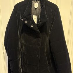 J Jill Black Velvet Quilted Puffer Coat Jacket Snap Buttons Size large Brand new