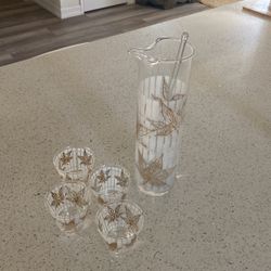 Vintage Martini Pitcher And Four Glasses