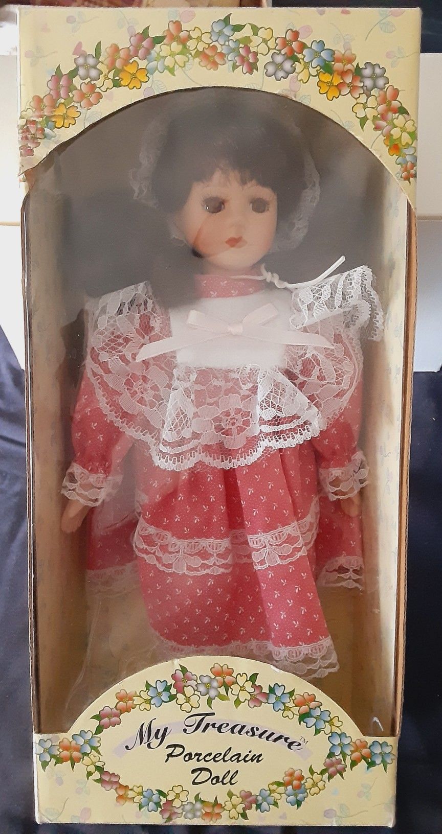 My Treasure, Genuine Porcelain Doll, 13in Tall, Red Dress w/ White Lace Trimming. 