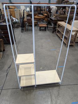 SOLD - Modern White Metal Garment Rack with Light Wood Shelves