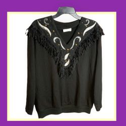 Jon Pierre Black Ribbed Shirt w Fringe, Gold Rivets, Silver Scrolling Neckline Wm L