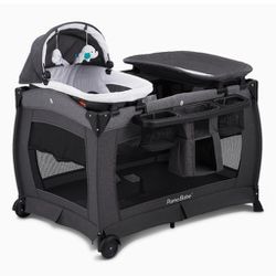 Pamo Babe Deluxe Nursery Center, Foldable Playard for Baby & Toddler, Bassinet, Mattress, Changing Table for Newborn (Black)