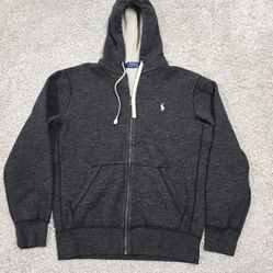 Polo Ralph Lauren Hoodie Mens Medium Charcoal Gray Full Zip Sweatshirt Y2K

