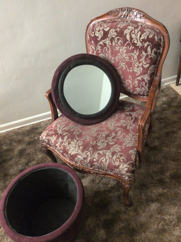 antique chair & matching storage ottoman interior with mirror