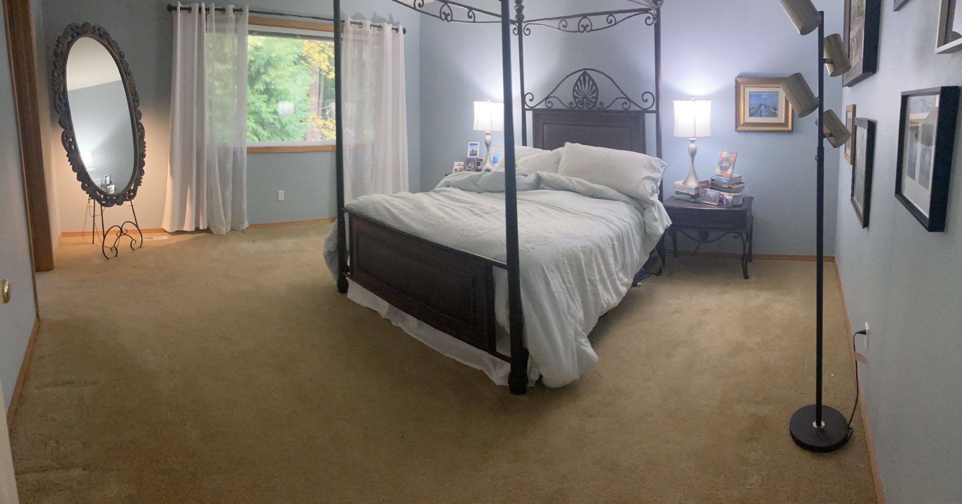 Queen Canopy Bed Set -2 Stands Mirror Curtains